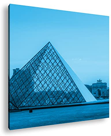 deyoli Jalousie Museums Pyramide Format: 40x40 cm als Leinwandbild Effekt: Monocrome Blau, Motiv fertig gerahmt auf Echtholzrahmen, Hochwertiger Digitaldruck mit Rahmen
