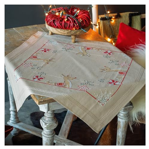 Vervaco Kreuzstich Stickpackungen Tischdecke Rentiere und Weihnachten Stickdecken Vorgezeichnet Basteln Erwachsene Kreativ Set Vorgedruckte Decke Sticken 80 x 80 cm Stickset Sticken Set