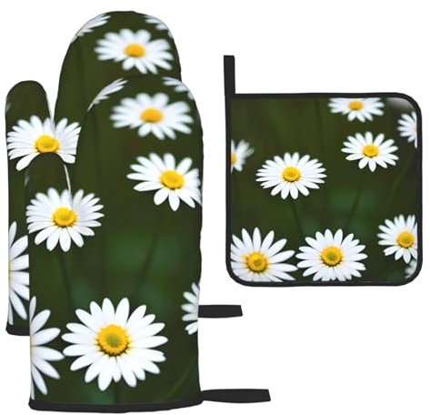Ofenhandschuhe und Topflappen, widerstandsfähige, rutschfeste Grillhandschuhe für Küche, Kochen, Backen, Grillen, wildes weißes Gänseblümchen-Motiv