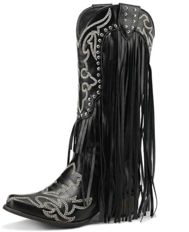 WeFloHsL Botas De Vaquero con Flecos para Mujer Botas Western Pantorrilla con Tachuelas Tacón Ancho Botas De Media,Negro,43 EU