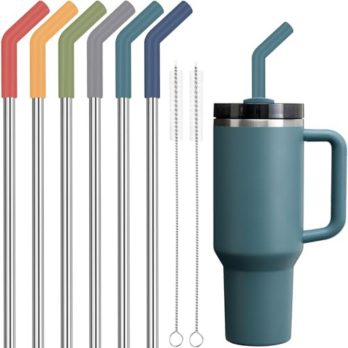 Tomorotec 6 pajitas de acero inoxidable con puntas de silicona aptas para vaso Stanley de 40 onzas, juego de pajitas reutilizables de 13 pulgadas con extensores coloridos y 2 cepillos, compatibles con