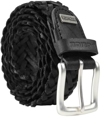 Police Cinturón de hombre de piel auténtica, trenzado, 3,5 cm de alto, se puede acortar, sin níquel, Negro Trenzado 74 3.5cm, 125 cm (TG 52-56)