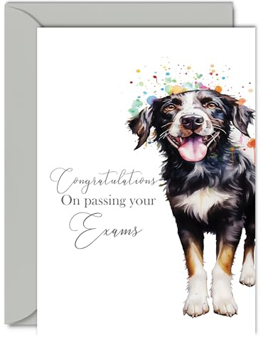 Glückwunschkarte zur bestandenen Prüfung – Party Hund – bestandene Prüfung Geschenke für Schüler Prüfung Pass Schule GCSE A Level College Uni Universität, Well Done Congrats Card, A5 Grußkarten