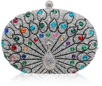 COROS Sac de Soirée en Forme de Paon Embrayage en Strass pour Femme Sacs à Main D'épaule de Mariée Diamond Pochette Portefeuille Élégant Sacs Fourre-Tout pour Ceremonie Fête Mariage Cocktail Argent