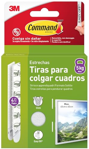Command Tiras Adhesivas para Colgar Cuadros con Marco Estrecho, 4 Pares (8 Tiras Blancas Estrechas) – Para Marcos, Espejos y Otros Adornos – Soporta hasta 5 kg – Para Colgar sin Agujeros ni Taladro