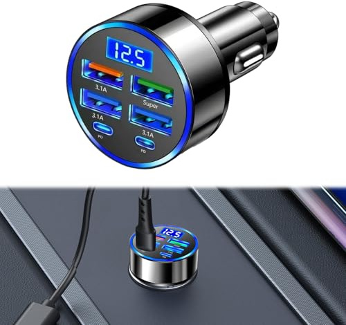 USB C Car Charger 6 Ports 300W Car Port,Car Laptop Charger,Type C Car Charger,Super Fast Cigarette Lighter USB Charger with LED Voltmeter Socket Adapter for iPhone Android Samsung Galaxy iPad