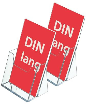 2 Stück Prospektständer DIN lang Hochformat/Prospekthalter Flyer-Ständer Werbung Aufsteller Tisch-Prospektständer/Prospektbox/Werbung, glasklar, leichte Neigung für optimales Blickfeld
