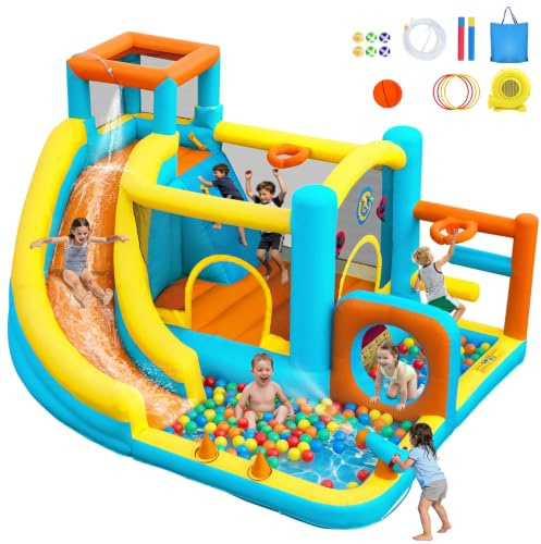 SportBob Inflatable Bouncy Castle with Water Slide, 365×295×210cm | 550W blower,Waterfall slide, paddling pool, for kids, indoor/outdoor, parties & gardens