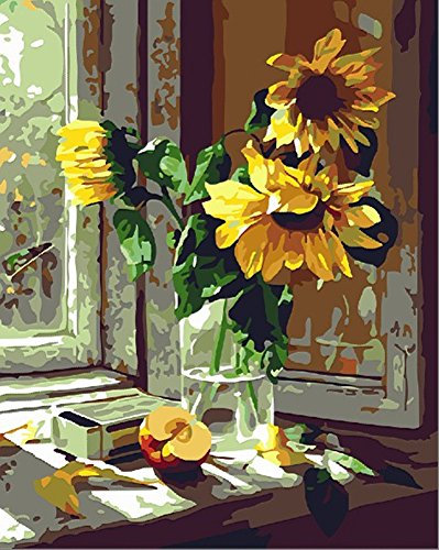 YEESAM ART DIY Ölgemälde Malen nach Zahlen Erwachsene Kinder, Sonnenblume in der Flasche Blumen Fenster Zahlenmalerei ab 5 Öl Wandkunst