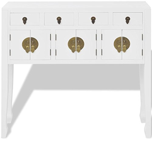 Festnight Massivholz Sideboard Highboard Konsolentisch Seitenschrank in chinesischem Stil mit 4 Schubladen und 3 Schränken 95 x 24 x 91 cm Weiß