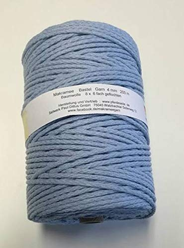 Makrameegarn Makramee Baumwollgarn Bastelgarn Hellblau 200 Meter 4 mm