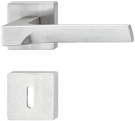 JUVA Drückergarnitur Messing Türbeschlag Chrom matt | 1 Stück Türgriff Zimmertür - LDH 3205 | BB-Buntbart | Drücker-Paar mit eckiger Rosette | Design Türdrücker-Garnitur für Innentüren mit Schrauben