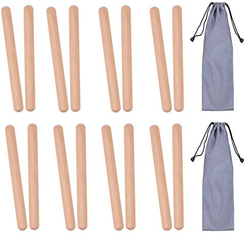8 Pairs (16 Packs) Classical Wood Claves Musical Percussion Instrument, 8 Inch Natural Hardwood Rhythm Sticks with 2 Carry Bags