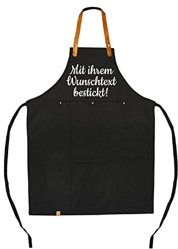 Deitert Grillschürze & Kochschürze mit Namen oder Wunschtext bestickt - Leder-Nackenband - robuste Premiumqualität - individuell personalisiertes Geschenk mit Stickerei