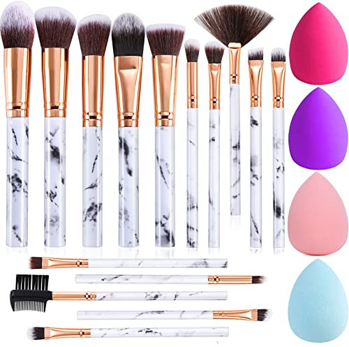 Makeup Brushes DUAIU 15PCs Marble Makeup Brush Set Premium Synthetic Kabuki Powder Blush Contour Foundation Concealer Eyeshadow Brushes with Makeup Sponge