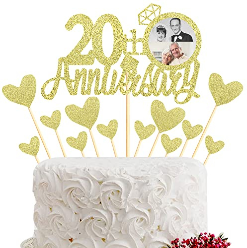 Sumerk 20th Anniversary Cake Topper,13pcs Gold Glitter Cake Toppers Cake Decorations for 20th Wedding Anniversary Celebration Party
