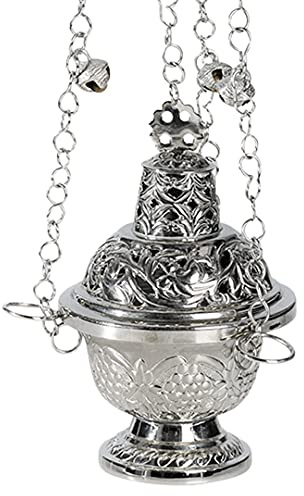 NKlaus Weihrauchfass Messing Silber Kette 60cm lang mit Glöckchen Weihrauchschwenker verziert Handarbeit 10959