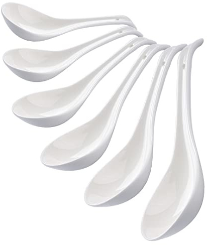 CHILDIKE Porzellan-Suppenlöffel, 6 Stück, 16,8 cm, Keramik, chinesische | Großer Löffel für Reman Pho Wonton Dumpling Miso – tiefes ovales Haken-Design – 6 Stück
