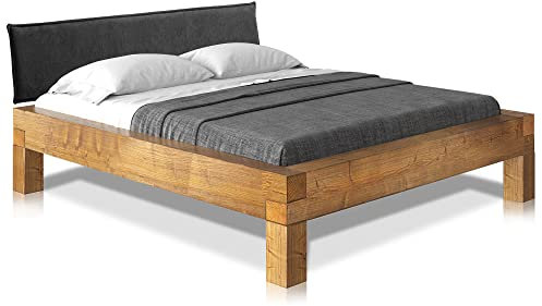moebel-eins CURBY 4-Fuß-Balkenbett mit Polsterkopfteil, Material Massivholz, Thermo-Fichte