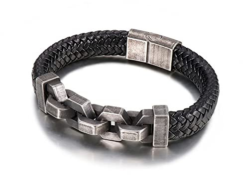Whoiy Armband Leder Breit Herren, Armband Herren Silber Personalisiert Schwarz Geflochtene Kette Korbgeflecht für Männer 21.5cmx12mm