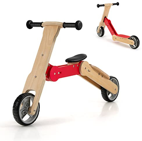 GOPLUS - Patinete de madera 2 en 1, bicicleta de equilibrio con 2 ruedas silenciosas, mango antideslizante, ajuste del volante de 135 °, bicicleta sin pedal para niños, 3+años, carga de 50 kg, rojo