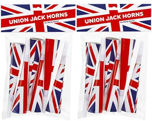 Sketched UNION JACK PARTY HORNS - British UK Coronation King Queen Celebrations Party Street Parties Strong Material (2 Packs)