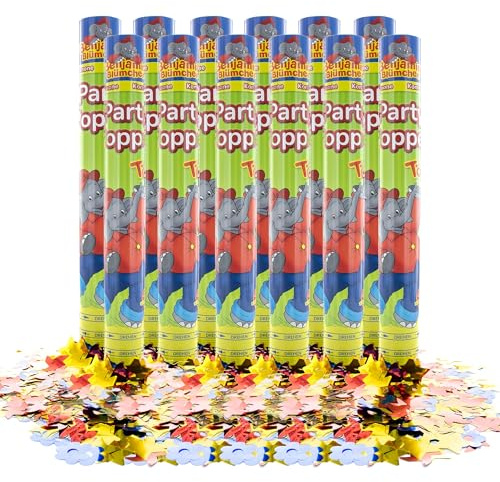 Party Factory – Konfettikanone Benjamin Blümchen Party Popper 1er – Partygadgets Konfetti Kanone 40cm mit bunt schimmernden Schnipseln für Kindergeburtstag – Bis 8m Flughöhe, für Innen & Außen