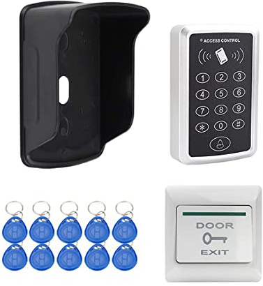 YAVIS RFID-Zutrittskontrollsystem, unabhängig, Kartenleser, Tastatur + Regenhülle + Ausgangsknopf für Zugangskontrollsystem, 1000 Benutzer + 10 Türen – Schlüssel 125 kHz