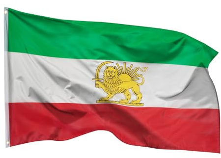 PHENO FLAGS Drapeau Iran avec lion 90x150cm – iranien - résistant aux intempéries, avec œillets en laiton, 100% polyester, coutures doubles robustes et couleurs éclatantes