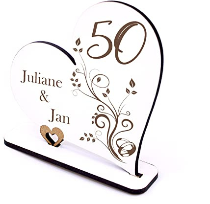 DEKOLANDO Goldene Hochzeit Deko Herz 50 Jahre Jubiläum personalisiert Tischdeko 50er Hochzeitstag Aufsteller Schild Geldgeschenk Tischaufsteller 15 x 15 cm