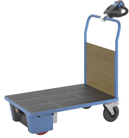 eurokraft | Plattformwagen mit Elektroantrieb | 1 MDF-Stirnwand | LxBxH 1370 x 700 x 1300 mm