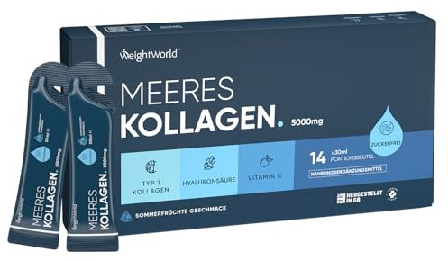 Kollagen Beutel 5000mg - Hydrolysiertes Meereskollagen mit Vitamin C & Hyaluronsäure - 14 zuckerfreie Beutel je 30ml - Für Haut, Knochen, Knorpel (EFSA) - Sommerfrüchte Geschmack - WeightWorld