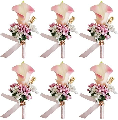 Fouriding Künstliche Calla Lily Boutonniere für Männer Hochzeit Bräutigam Trauzeuge Boutonniere für Hochzeit Party Prom Event Zeremonie Jahrestag (6, Pink)