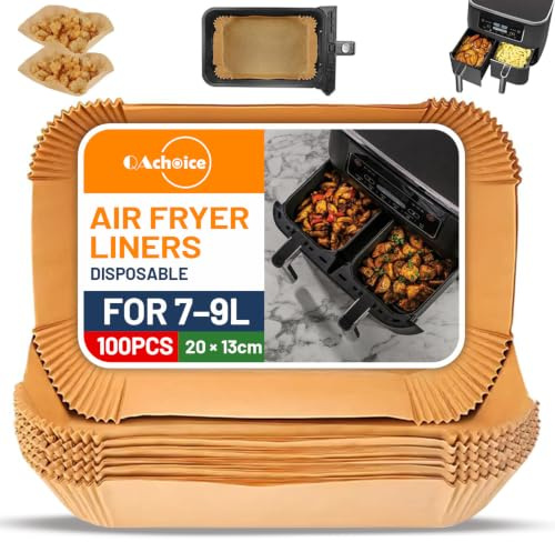 QAchoice Air Fryer Liners Disposable 100 Pack, 20 x 13cm Rectangular Non-Stick Greaseproof Parchment Paper, Baking Paper for Ninja Dual Zone Air Fryers, Compatible with Most 7–9L Air Fryers
