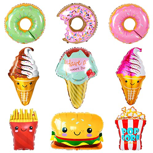 9 Pezzi Palloncini a Forma di Ciambella, Grandi Palloncino Foil Gelato, XXL Pallone del Hamburger del di alluminio, Gigante Palloncini patatine fritte Popcorn per feste a tema con estiva compleanno