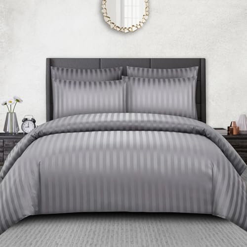 Pamposh Satin Stripe King Size Duvet Cover Sets - Premium Hotel Quality Quilt Cover Bedding Sets - Hypoallergenic Ultra Soft Microfiber Bed Linen