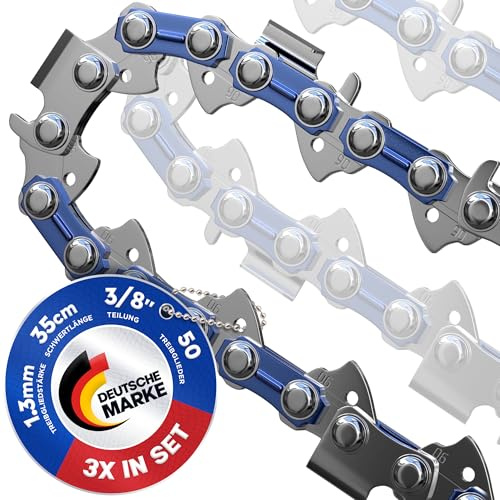 3X Cadena Motosierra Corte Limpio 35cm 3/8 LP 1,3mm 50 Eslabones | Cadenas de repuesto para espadas de 35 cm compatibles; verifica calibre de 1,3 mm y 50 eslabones en la cadena original.