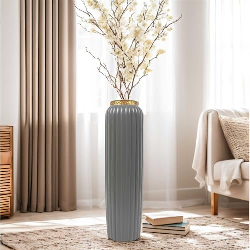 ARSTRIA Jarrón grande de pie de 24 pulgadas para ramas decorativas y flores secas para decoración de estantes de sala de estar, color gris