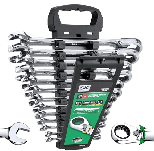 SK Juego de llaves de trinquete reversibles, juego de llaves combinadas, 13 piezas, SAE de 1/4 a 1 pulgada, 72 dientes, construcción CR-V premium, con organizador de estante