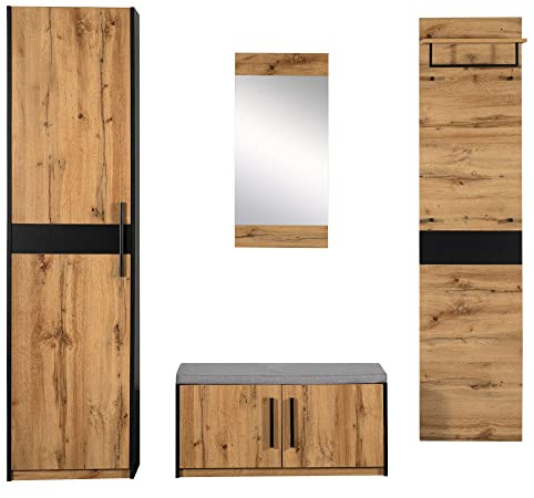Azkoeesy Garderoben-Set Flurgarderobe-Set mit Spiegel, Kleiderschrank, Schuhschrank und Sitzbank, Wandregale mit 4 Kleiderhaken, Industriedesign, Vintage Braun und Schwarz