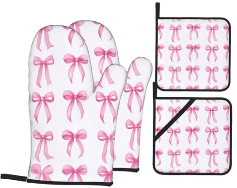 4 guanti da forno e presine con fiocchi rosa, guanti da cucina con presine, guanti antiscivolo ad alta resistenza al calore a 500 gradi per barbecue, griglia, cottura, forno, microonde