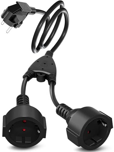 Doppelstecker für Steckdose, Verlängerungskabel 2M Schuko Steckdosen Steckdosenadapter Mehrfachsteckdose Doppelsteckdose 2 Fach Steckdose mit Flexible Kable für Haus Büro Küche, 250V 16A, Schwarz