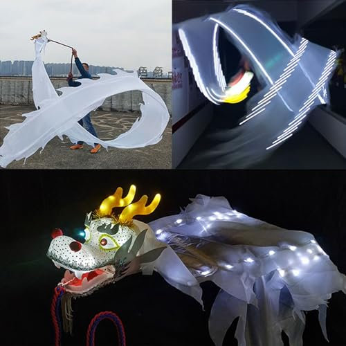 EXCLURA Jongliertücher Weißes, Fließendes Drachen-Poi-Set mit Beleuchtung, Kung-Fu-Drachen-Poi mit 3D-echtem Drachenkopf, Einzelnes Chinesisches Spiralband, für die Terrasse im Freien(8 m (26 ft))