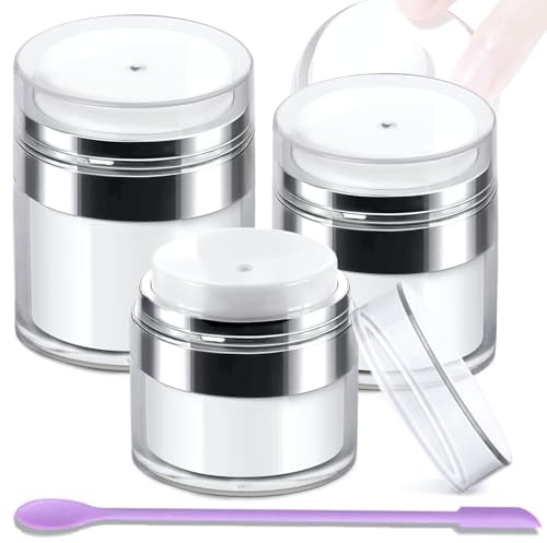 Airless Pump Jars, Refillable Cosmetic Moisturizer Airless Pump Jar 3 Pack Botttles Travel Size for Cream, Gels and Lotion with Silicone Spatula 0.5oz 1oz 1.7oz