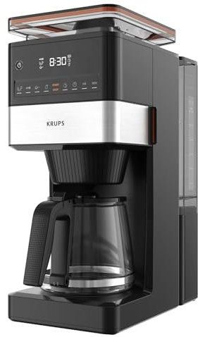 Krups Grind Aroma XL KM842810 - Macchina da caffè con filtro a cono rimovibile, pannello di controllo digitale, capacità XL (1,5 l), funzione di mantenimento al caldo, brocca in vetro, nero/acciaio