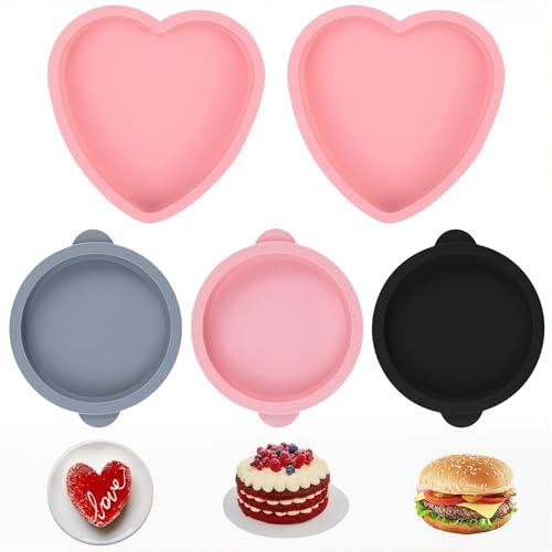 JAWUZ Set 5 Stampi Silicone 10cm 3 Rotondi 2 Cuore Tortiere Antiaderenti Resistenti Temperatura -40°C/230°C Senza BPA Accessori Pasticceria Torte Cheesecake Mousse Forno Microonde Congelatore