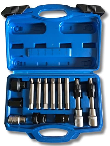 Llaves para montaje y desmontaje polea de alternador con embrague, puntas Torx XZN Allen, adaptadores hexagonales y redondos para mecánica automotriz.