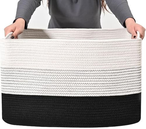 Cesto portabiancheria intrecciato in cotone (55 x 43 x 30,5 cm) – Cesto portabiancheria fatto a mano con manico, bianco e marrone – cestino stabile per biancheria, giocattoli e altro (nero)