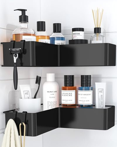 Kitsure Corner Shower Caddy - 2 Packs Heavy-Duty Bathroom Shelves with 4 Hooks, Adhesive Tapes, Rust-Proof & No Drilling Shower Shelf for Bathroom, Kitchen, Laundry, Black