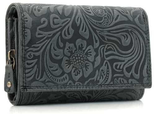 ekavale Damen Leder-Geldbörse mit Blumenmotiv und RFID-Blockierung, Portemonnaie Langformat mit Druckknopfverschluss (Schwarz)